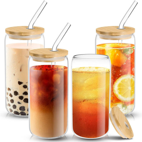 Drinking Glasses with Bamboo Lids and Glass Straws - Set of 4