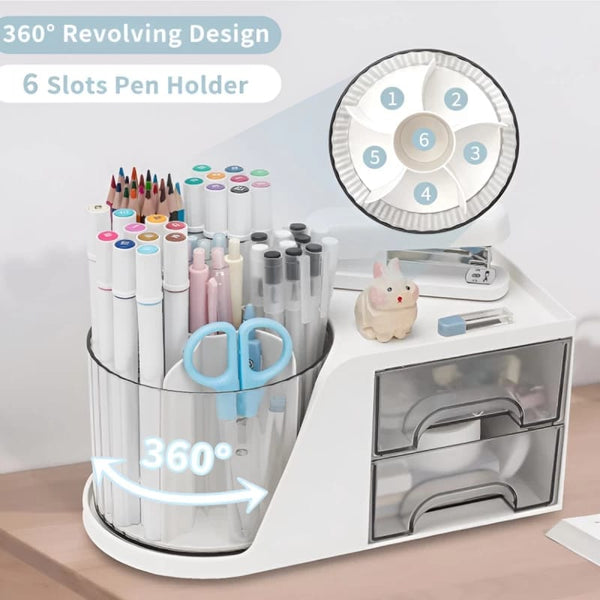 6-slot pen holder with 360-degree revolving design on a desk.