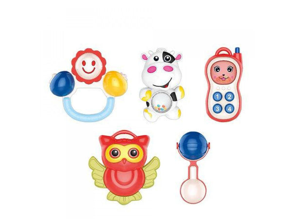 A collection of colorful baby rattles in various shapes including an owl, a cow, a phone, and balls, made from non-toxic materials.