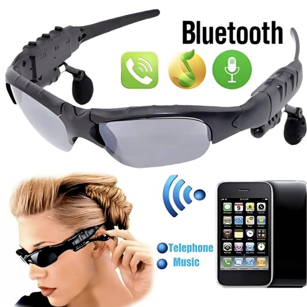 A pair of black Bluetooth-enabled sunglasses with built-in earphones, displayed alongside a visual of a person wearing them and a smartphone indicating connectivity.