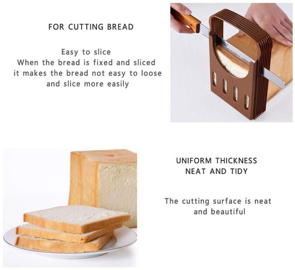 Bread slicer with bread slices and text describing its features