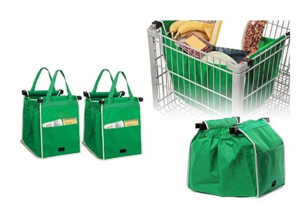A set of two green shopping bags with handles, designed to be clipped to a shopping cart. The bags are shown both in use with items inside and in a flat collapsed state.