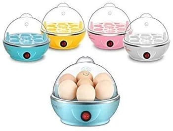 Set of colorful egg cookers with a blue one containing eggs on a white background