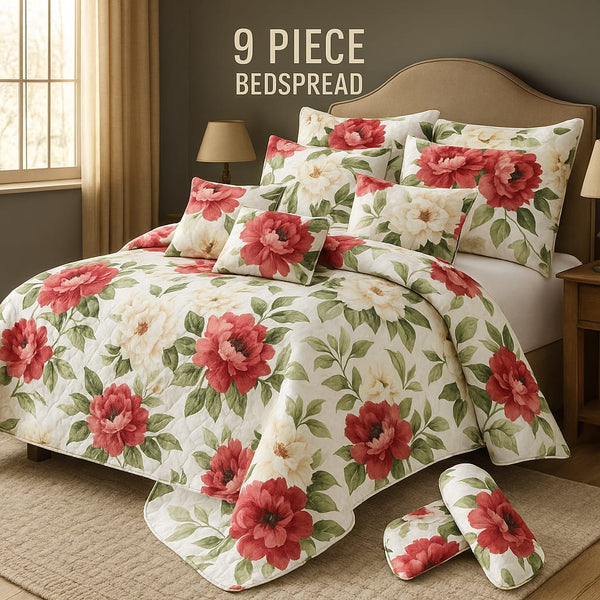 Flowered Bedspread Set - 9 Piece