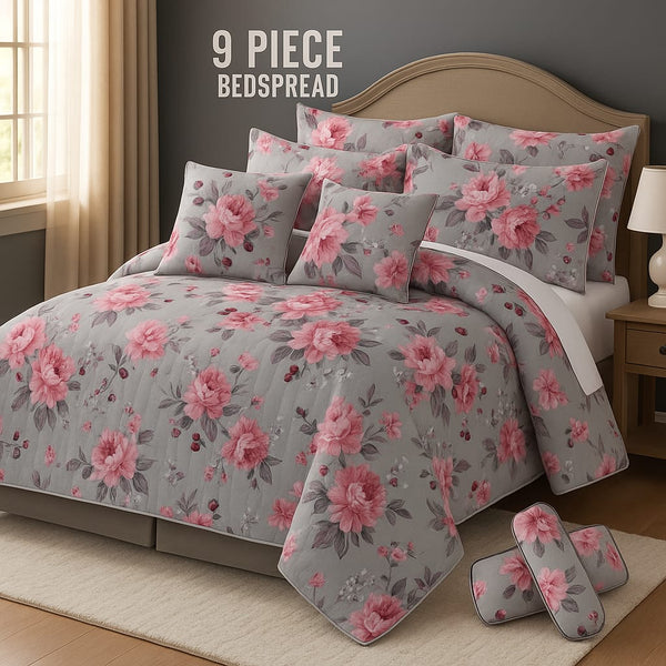 Flowered Bedspread Set - 9 Piece