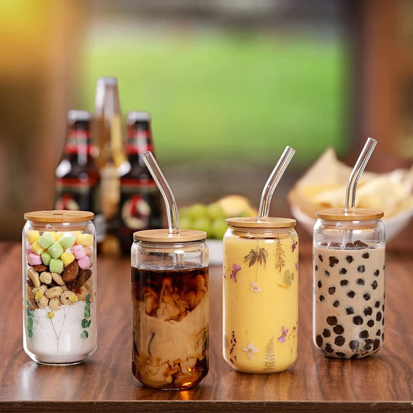 Drinking Glasses with Bamboo Lids and Glass Straws - Set of 4