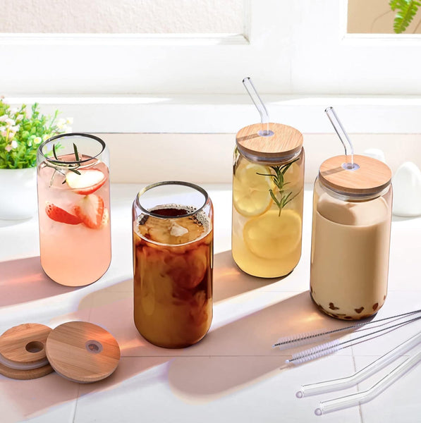 Drinking Glasses with Bamboo Lids and Glass Straws - Set of 4