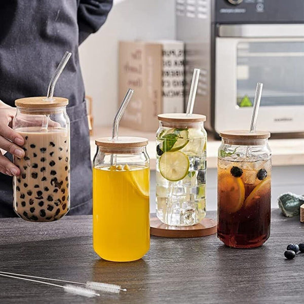Drinking Glasses with Bamboo Lids and Glass Straws - Set of 4