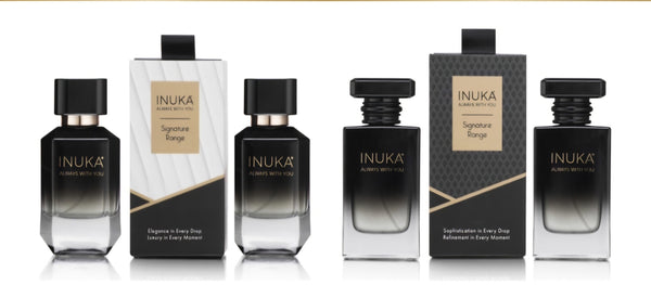 A collection of four perfume bottles in a black and white packaging, labeled 'INUKA'. Two bottles are labeled for 'Her' and two for 'Him', indicating scents for different genders.
