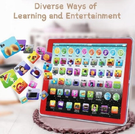 A promotional image featuring a red Kids Play Pad with educational apps and games displayed on its screen, surrounded by colorful letter and number keys.