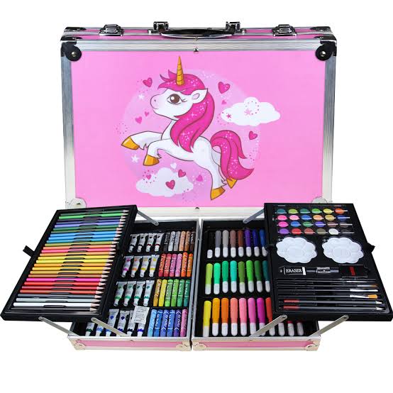 CHILDREN'S ART SET OF 145 PIECES In a pink case with a unicorn, Toys \  Creative toys